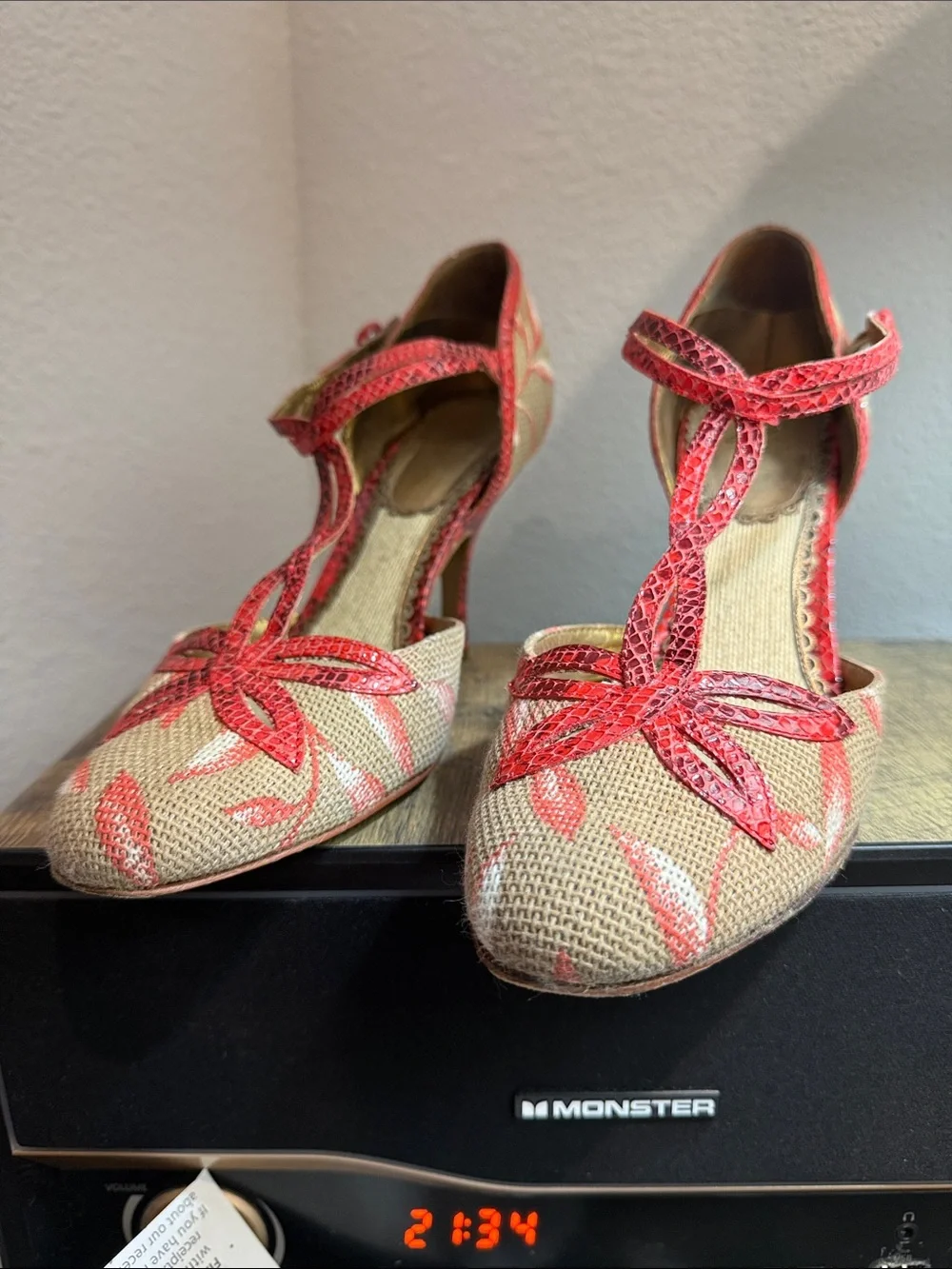 Beige Woven Heels with Red Floral Trim - Women's T-Strap Pumps